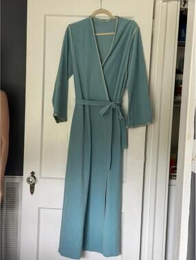 Vanity Fair Vintage Light Blue Maxi Wrap Robe with Braided Trim